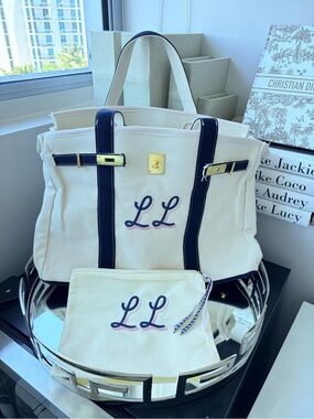 Canvas Tote with Navy Trim and Monogram